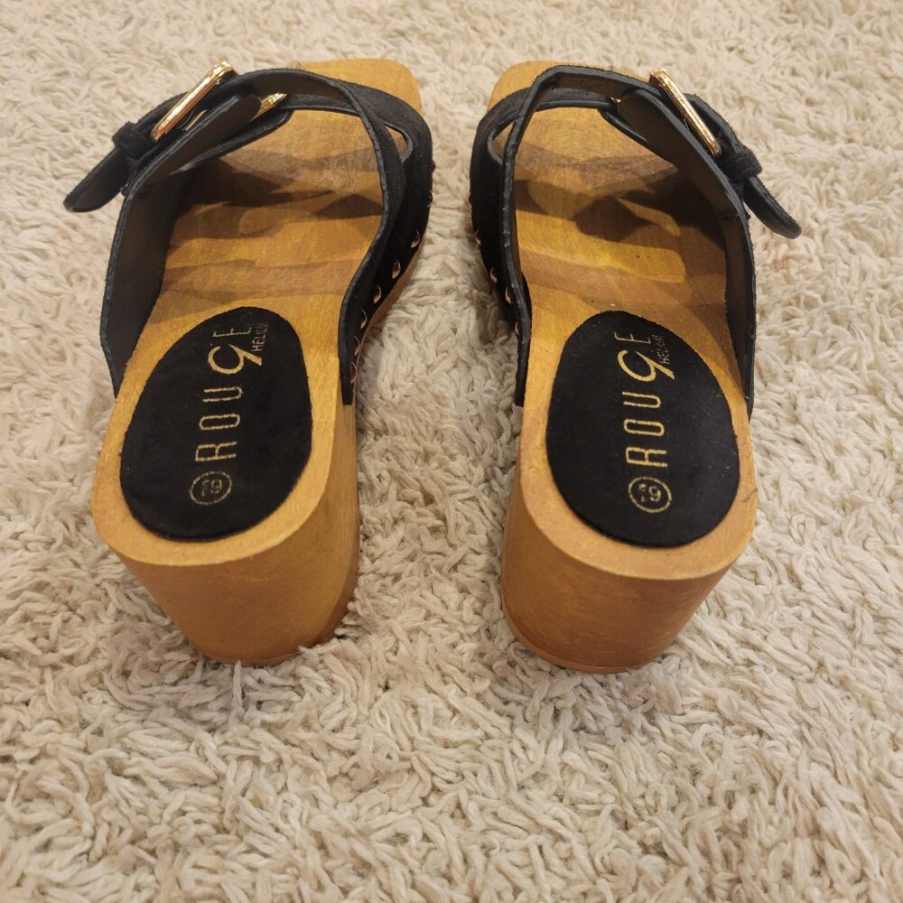 SOLD 👠New Black Wood Clog Wedge Platform Suede Buckle Sandal Shoe Slip On Sl💃 - Picture 10 of 10